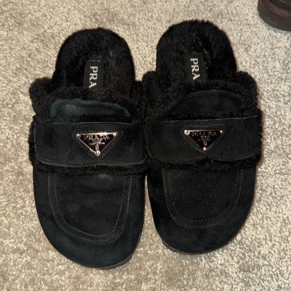 Prada style sherpa slippers, worn